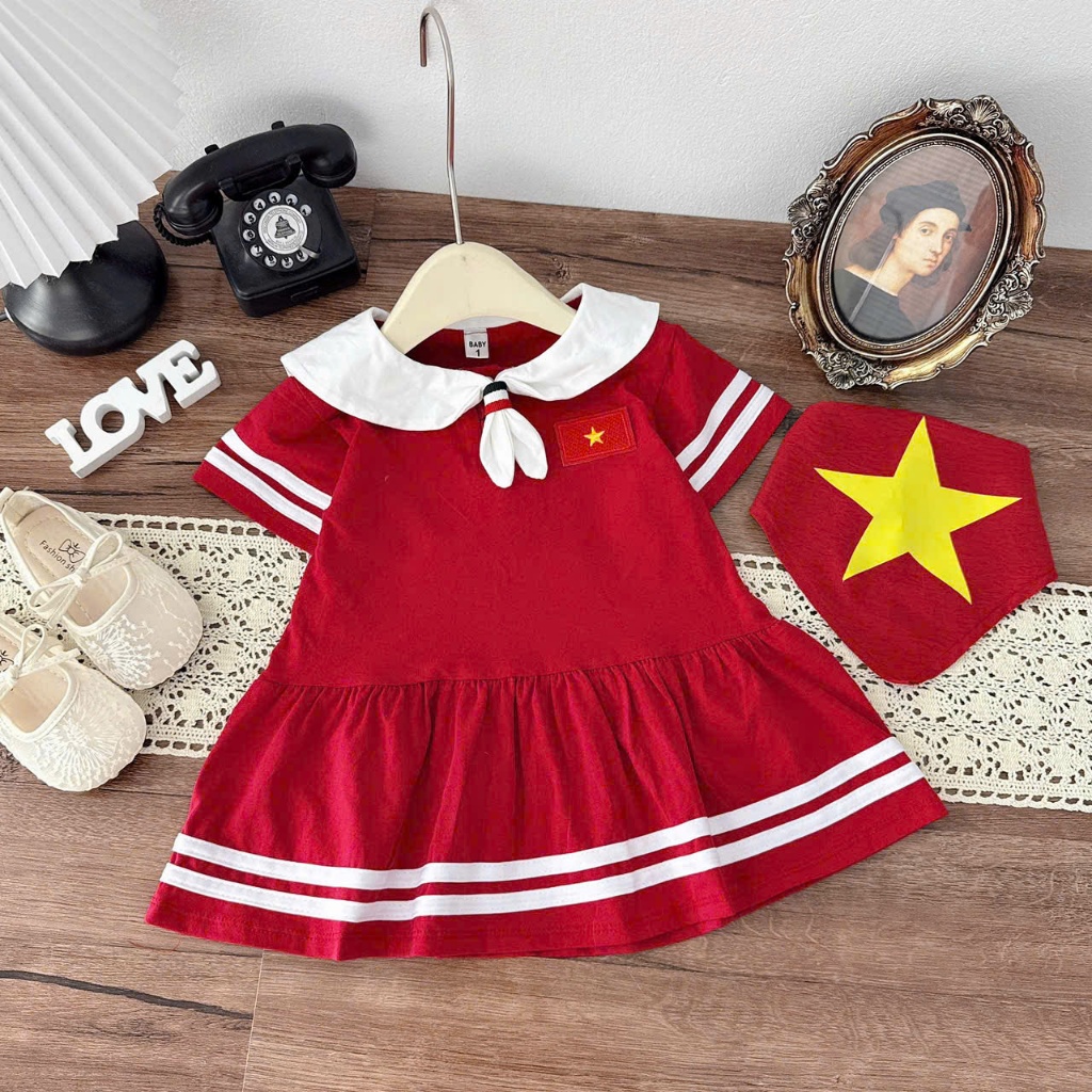<XẢ KHO, TẶNG KHĂN> Set đồ 30/4 cho bé, Set váy đỏ, váy cờ đỏ sao vàng tặng khăn 9-29kg, Pam Kids