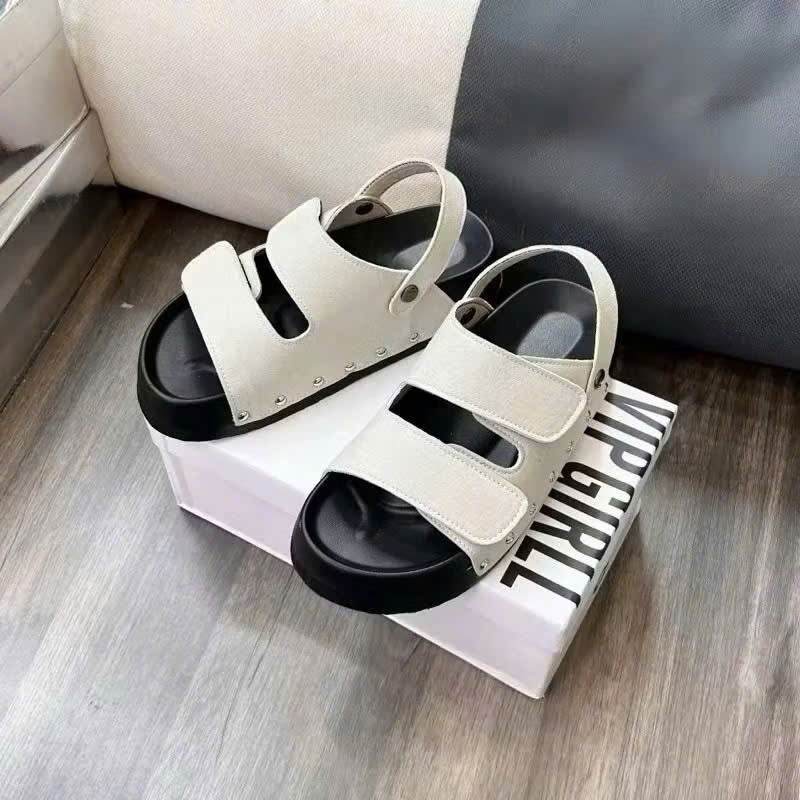 Sandal nữ cao cấp, 2 quai dán da phối nỉ tán đinh đé cao 4-5cm thời trang