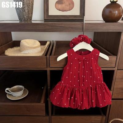 Set Váy Phồng Xòe Bông Hoa Kèm Cột Tóc Đỏ Đô Cho Bé Gái 1-8 Tuổi MINTSCLOSET Quảng Châu - GS1419