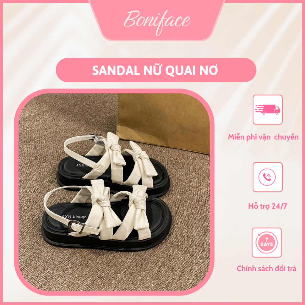 Sandal Nữ Trắng Nơ 3 Tầng Đế Đen Thời Trang, Dép Sandal Nữ Đi Học Đi Chơi Cao Cấp