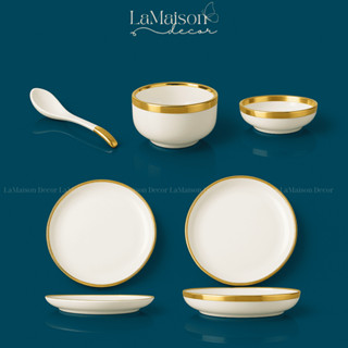   Bán Món Lẻ  bộ chén bát màu trắng viền vàng gốm sứ cao cấp chịu nhiệt tốt cực sang phong cách châu âu 
