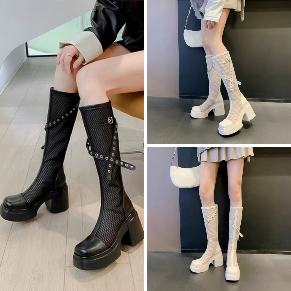 Giày boot lưới nữ cổ cao ĐẾ DÀY màu ĐEN, KEM phong cách trẻ trung hiện đại GCC43