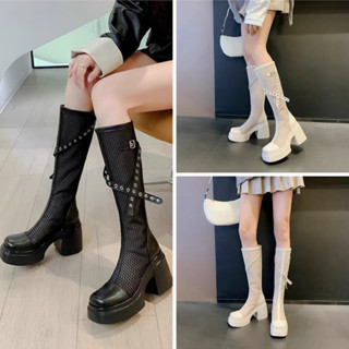 Giày boot lưới nữ cổ cao ĐẾ DÀY màu ĐEN, KEM phong cách trẻ trung hiện đại GCC43