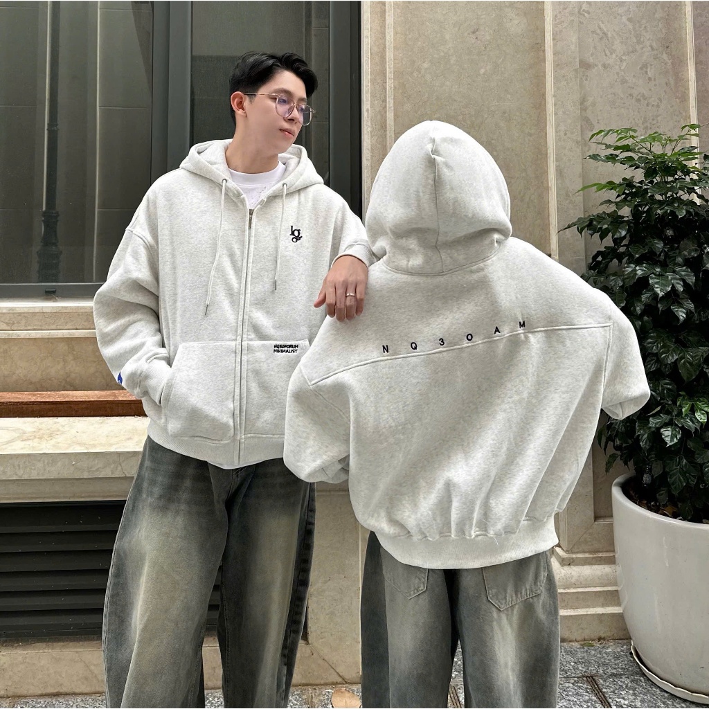 Áo Khoác Hoodie Zip Nỉ Cotton Thêu Nổi NQ30 AM Form Boxy Nam Nữ Unisex | BigBuy360 - bigbuy360.vn