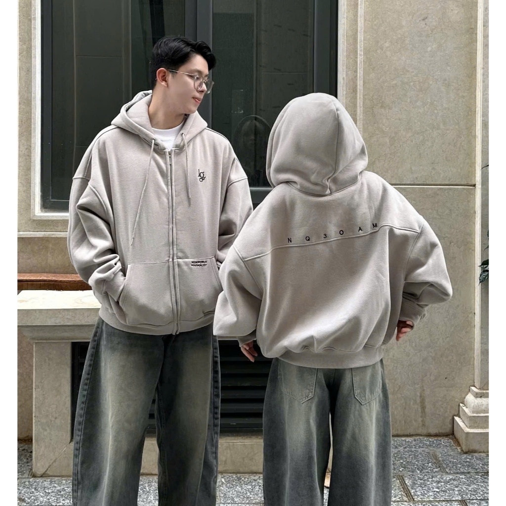 Áo Khoác Hoodie Zip Nỉ Cotton Thêu Nổi NQ30 AM Form Boxy Nam Nữ Unisex | BigBuy360 - bigbuy360.vn