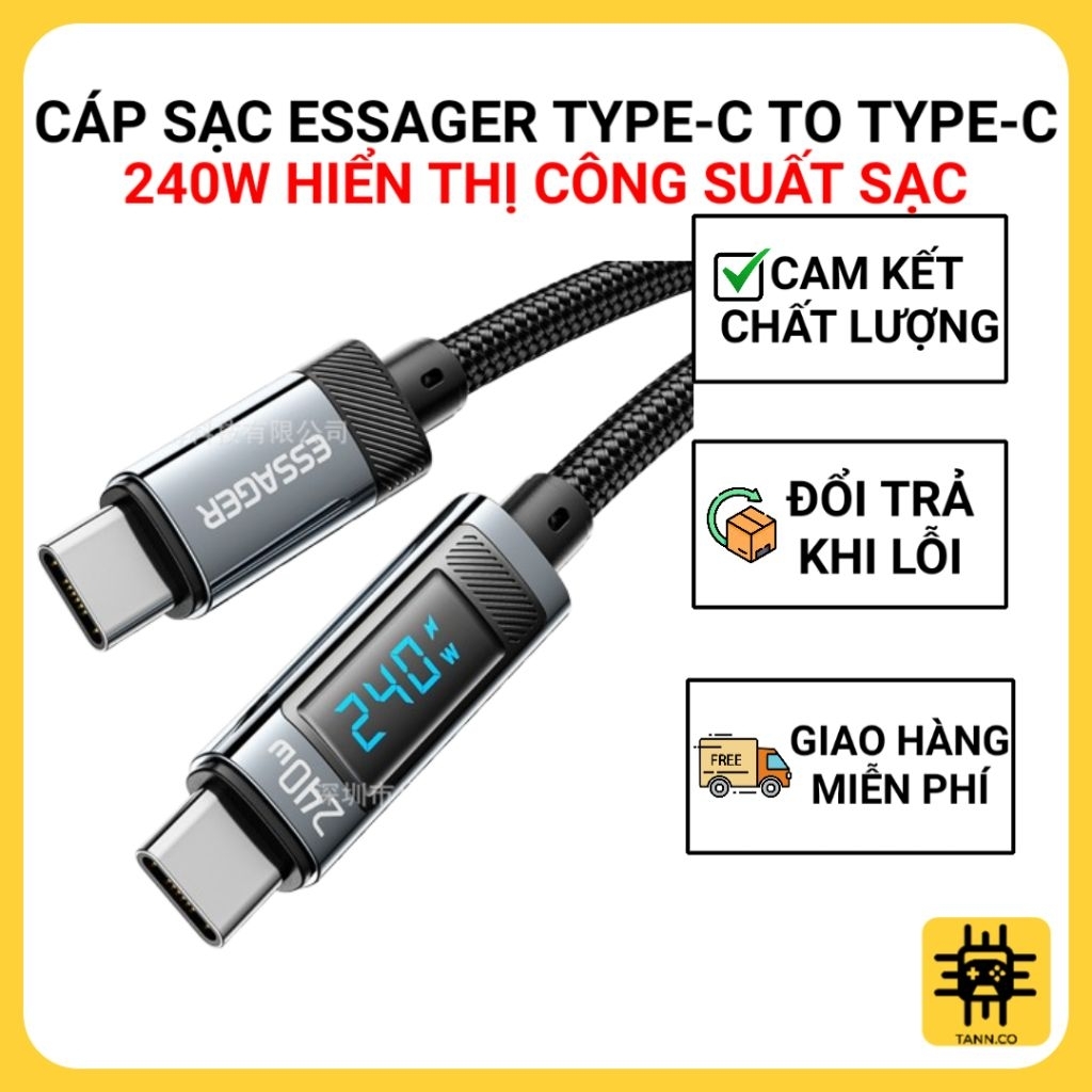 CÁP SẠC ESSAGER TYPE-C TO TYPE-C - 240W CÔNG SUẤT, HIỂN THỊ CẢ CÔNG SUẤT SẠC