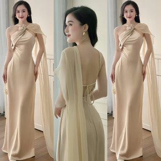 ( Co HOA + DÂY DÀI) Váy lụa Dự Tiệc Cưới Lệch vai Kèm DâY Sang trọng Cho Nữ