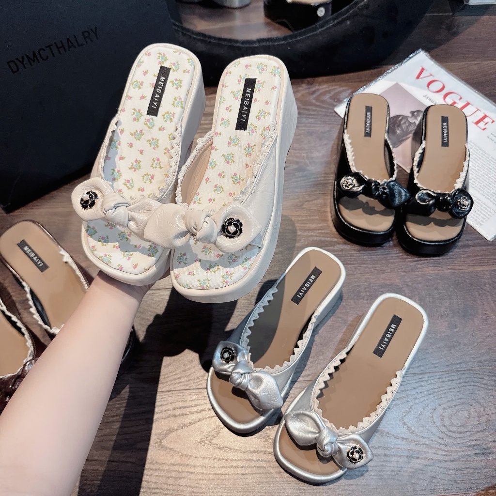 NS1 Dép xuồng nơ gút lót hoa cao 6 cm - Bonita Shoes DX038