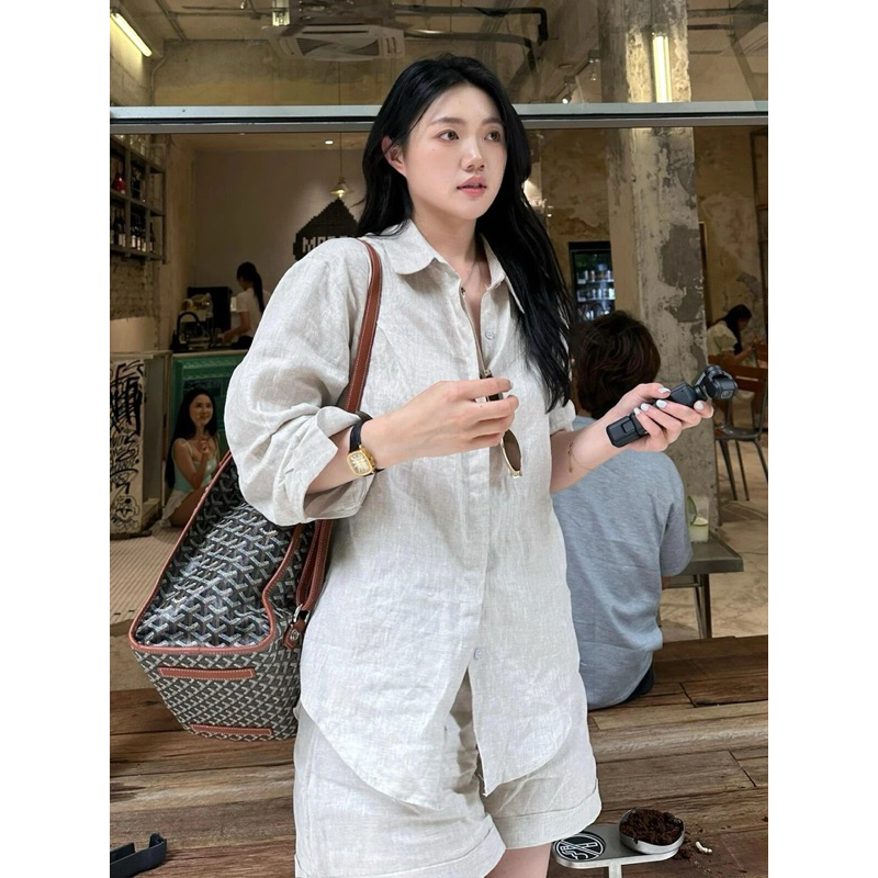 SET LINEN ÁO SƠ MI MIX QUẦN SHORT LẬT GẤU LƯNG CAO SIÊU XINH PHONG CÁCH HÀN QUỐC DỄ MIX ĐỒ | BigBuy360 - bigbuy360.vn