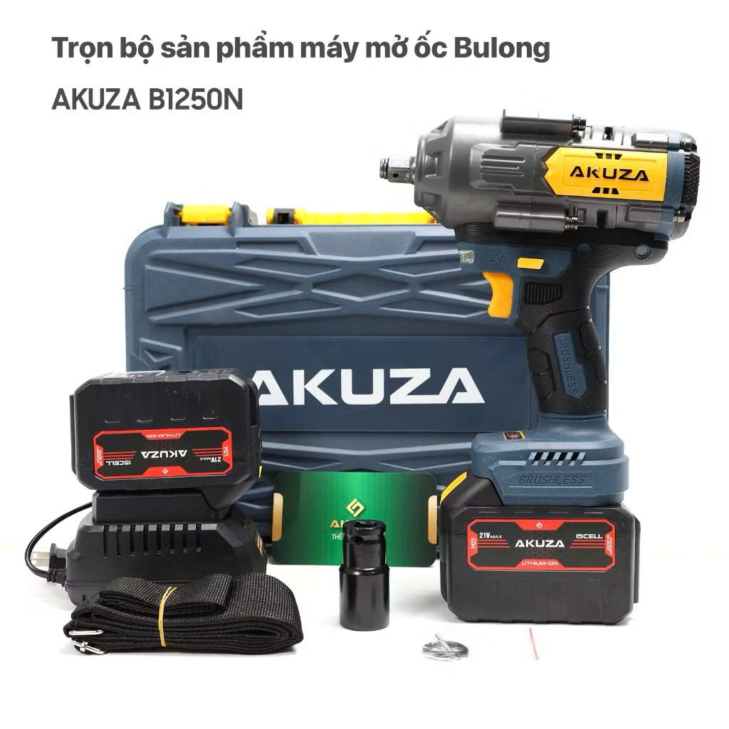 Máy siết bulong AKUZA 1250N.m. Không Chổi Than, tính năng giảm trấn - Có Búa- Lõi Đồng,2 pin 15 cell