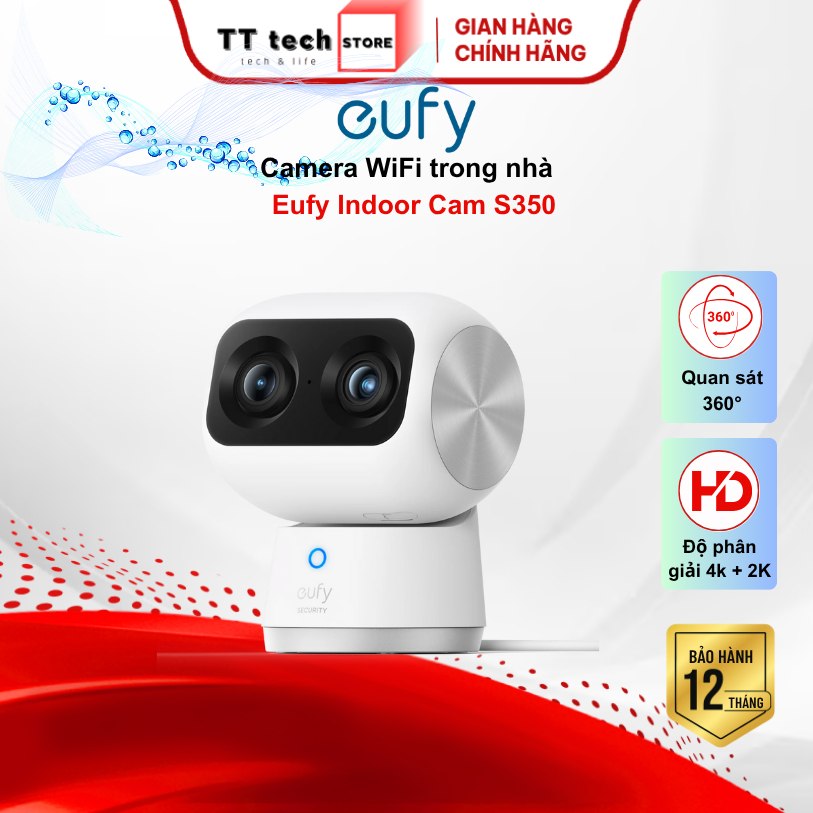 Camera WiFi Trong Nhà Eufy Indoor Cam S350,  Wi-Fi 6, Độ Phân Giải 4K + 2K,  Xoay Ngang và Nghiêng 3