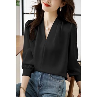  Áo sơ mi nữ lụa bóng ngọc trai cổ V ly vai dáng cơ bản thanh lịch áo sơ mi thiết kế A4451  ảnh thật  