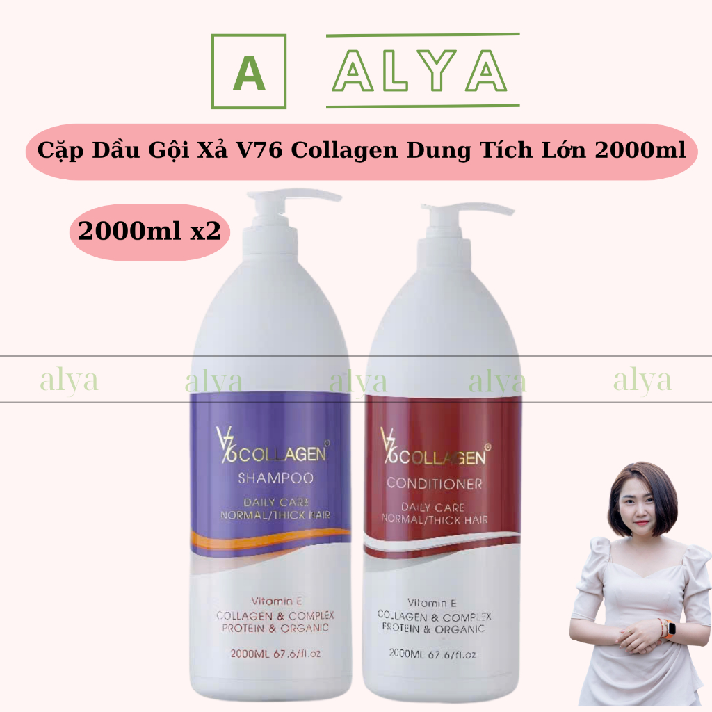 Cặp Dầu Gội Xả V76 Collagen 2000ml giúp tóc mềm mượt, loại bỏ dầu thừa và giảm rụng tóc