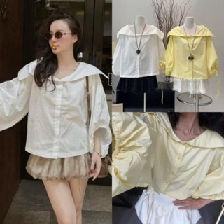 Áo sơmi tay bồng thiết kế dây rút buộc nơ “HIGI TOP”Áo sơmi nữ đơn giản phong cách Hàn Quốc - 2 màu basic siêu xinh