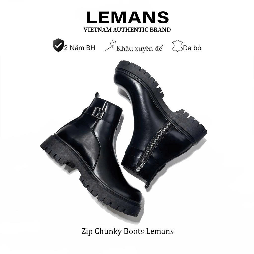Giày CHUNKY ZIP BOOTS LEMANS CZ1.06 Giày da Zip Boots đế Chunky tăng cao 5cm, da bò nguyên tấm, bảo 