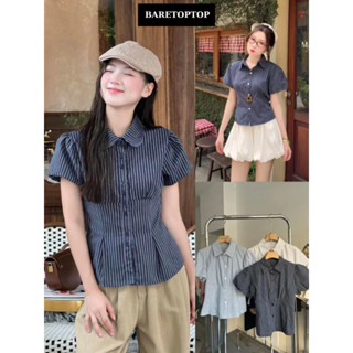 BARETOPTOP_Áo Sơ Mi Kẻ Tay Bồng - Áo Kiểu Babydoll Kẻ Chiết Eo Phối Dây Buộc Eo Xinh Xắn_A532,A604