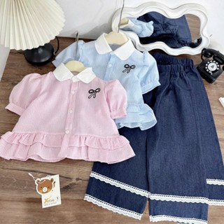 Set áo sơ mi kẻ pelum cổ trắng mix quần jean bé gái (FORM TO)