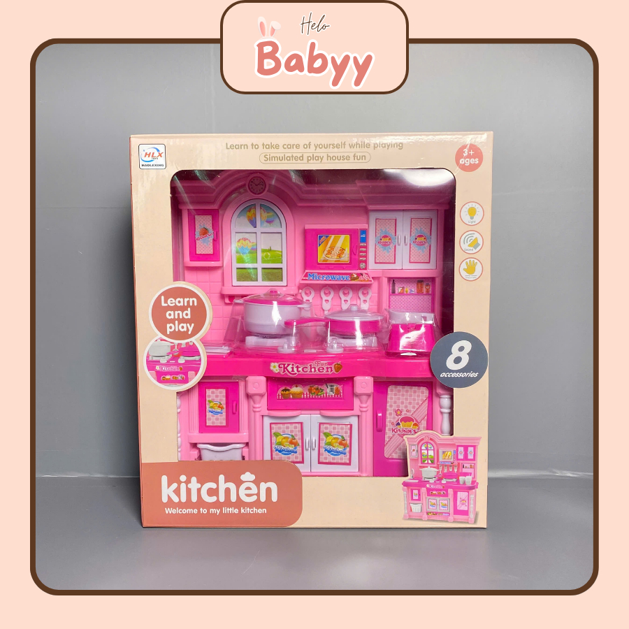 Bộ Bếp Đồ Chơi Cho Bé Gái Có Đèn Và Âm Thanh Mô Phỏng Nhà Bếp Màu Hồng Dễ Thương -Helo Babyy 818-1B