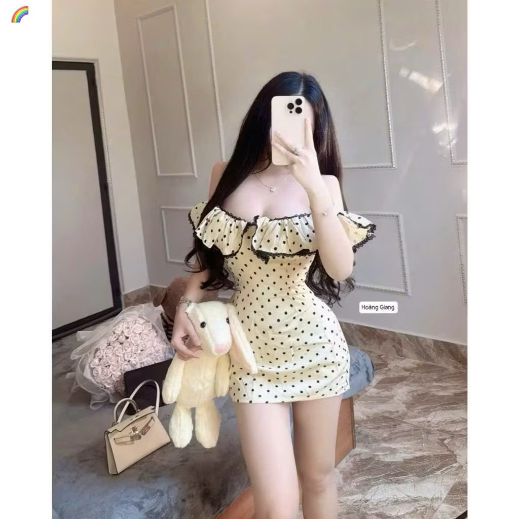 Váy Body Trễ Vai Viền Ren Dáng Ngắn Tôn Dáng Hoạ Tiết Chấm Bi Hot Kieupham.shop | BigBuy360 - bigbuy360.vn