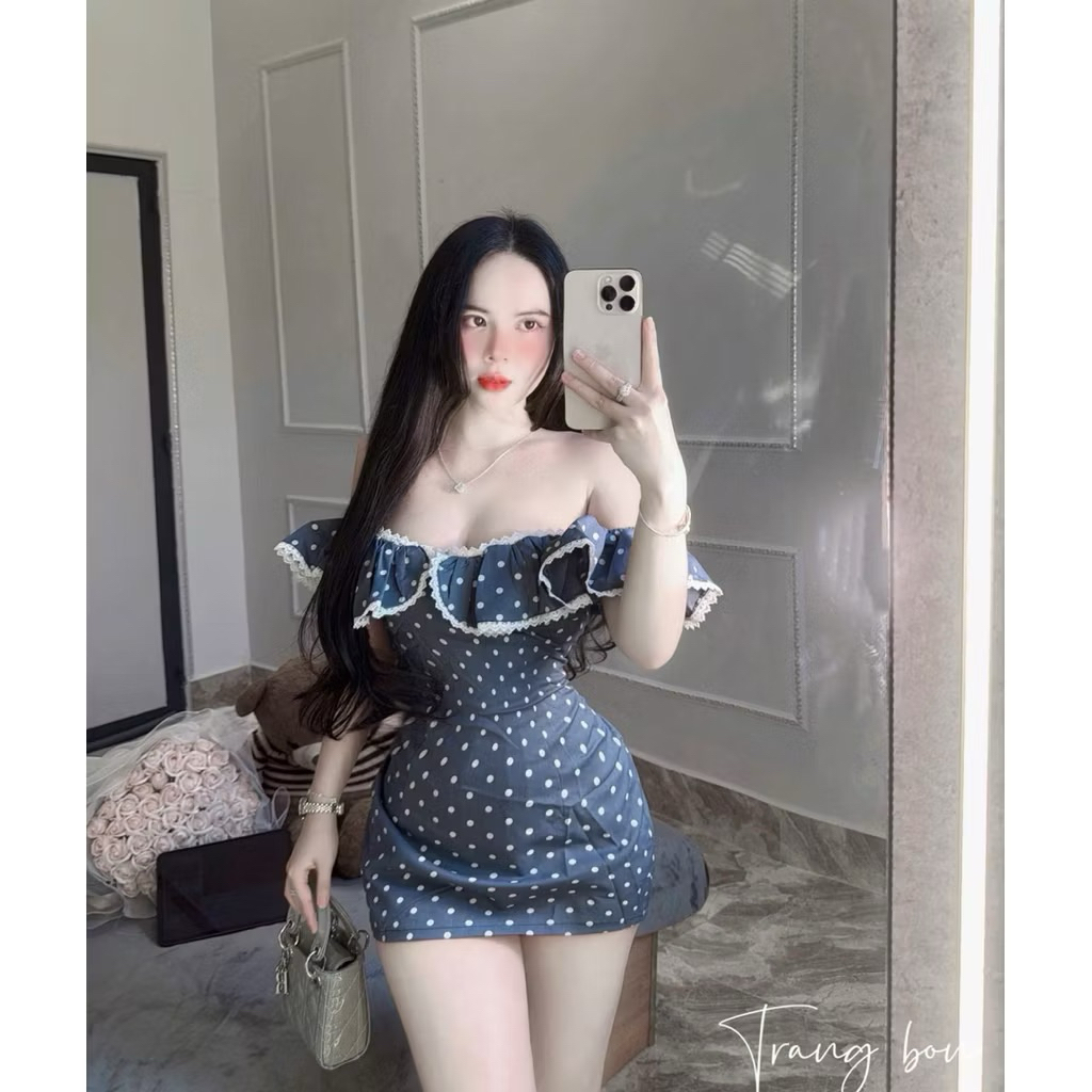 Váy Body Trễ Vai Viền Ren Dáng Ngắn Tôn Dáng Hoạ Tiết Chấm Bi Hot Kieupham.shop | BigBuy360 - bigbuy360.vn