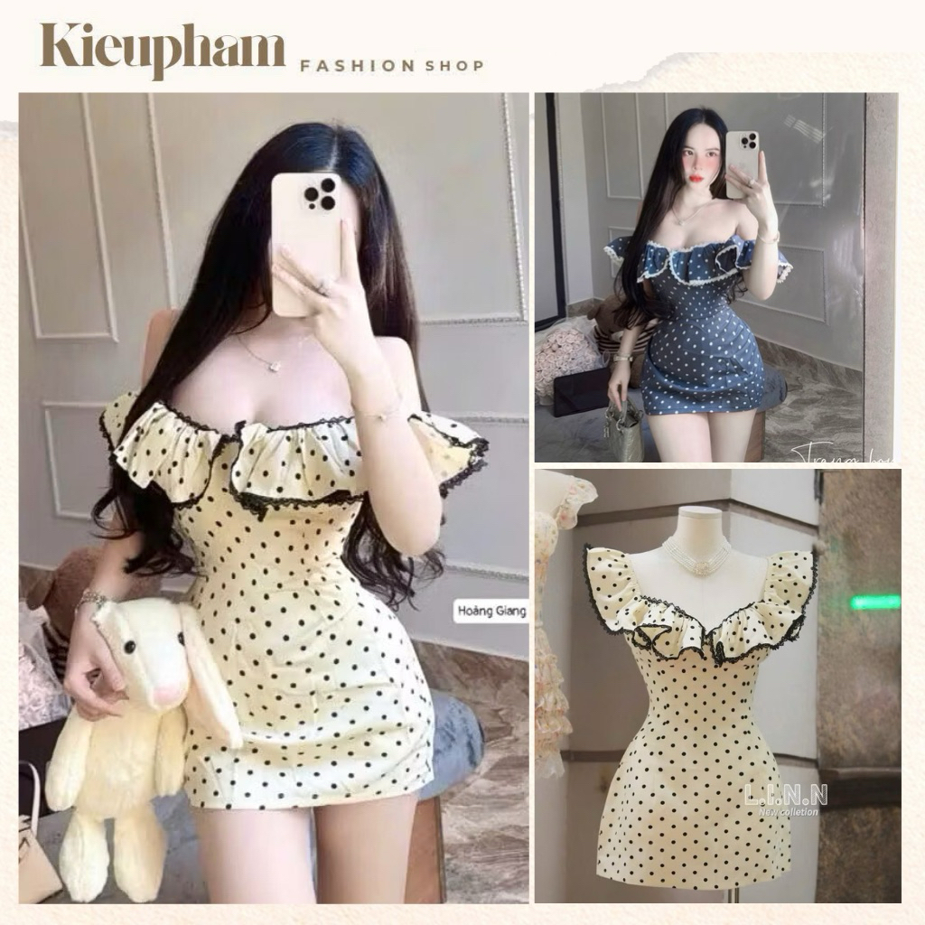 Váy Body Trễ Vai Viền Ren Dáng Ngắn Tôn Dáng Hoạ Tiết Chấm Bi Hot Kieupham.shop