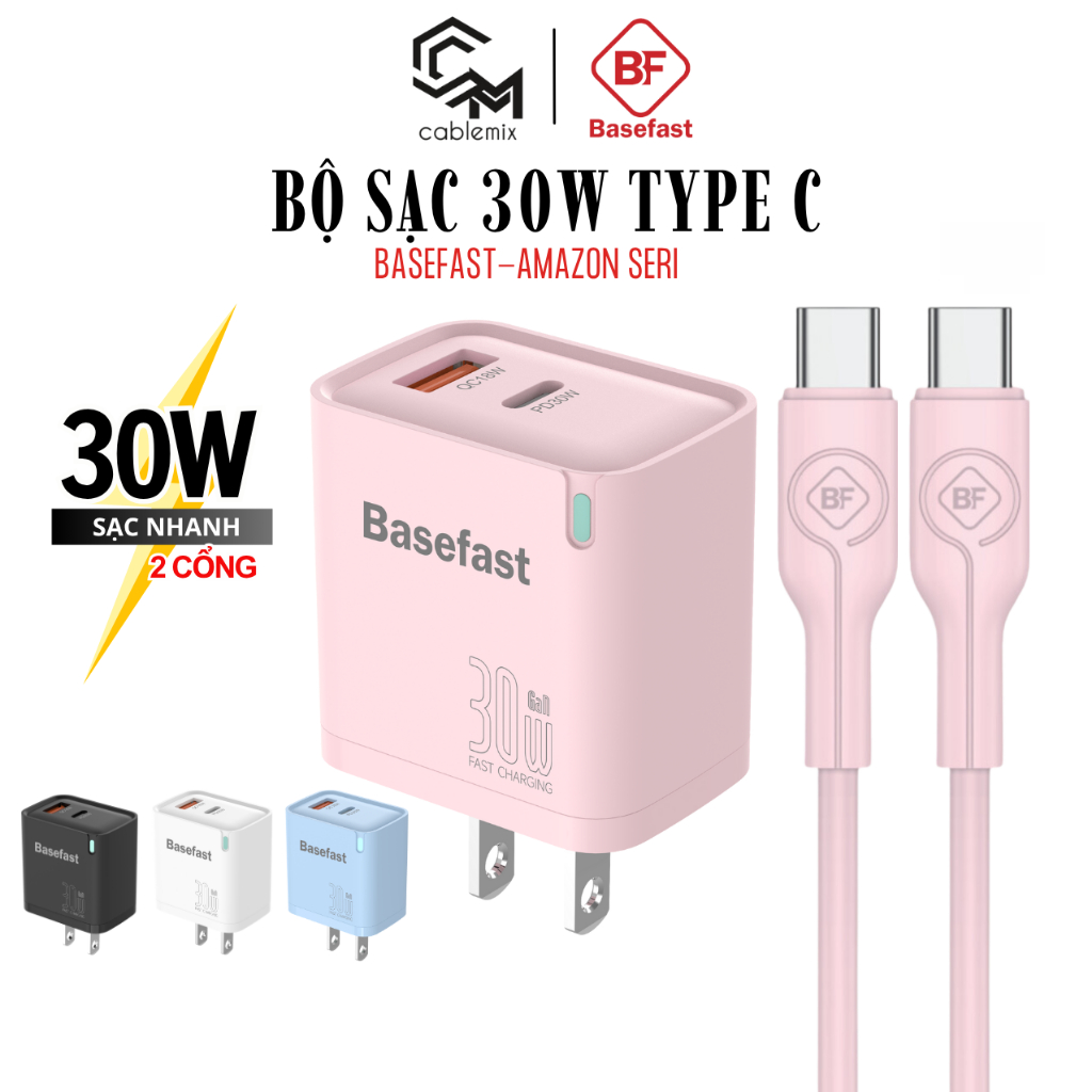 Bộ sạc nhanh Type C 30W 1-2 cổng Basefast Cốc sạc PD30W siêu bền cho Phone 15 16 samsung oppo xiaomi