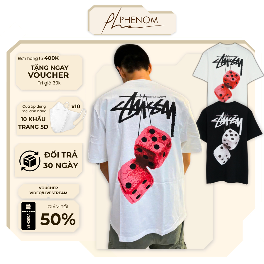 Áo thun Stussy Fuzzy Dice In Xúc Xắc QC Cực Nét - Áo phông nam nữ Vải 100% Cotton - Phenom Luxury