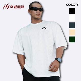 GYMSQUAD Áo thun oversize tập gym nam tay ngắn cổ tròn vải lưới basic trơn phối logo  thời trang