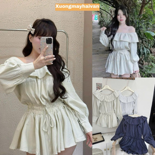 HV - Set Jum Kẻ Trễ Vai Dài Tay 3 Màu Bo Chun Khoá  Kéo Sau