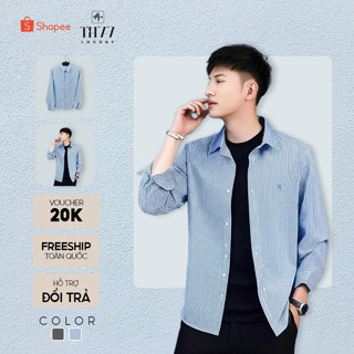 Áo Sơ Mi Nam Nữ TH77 Dài Tay Họa Tiết Kẻ Sọc Hai Màu Xanh Xám Thêu Logo Con Ngựa Vải Cotton Lụa Mềm