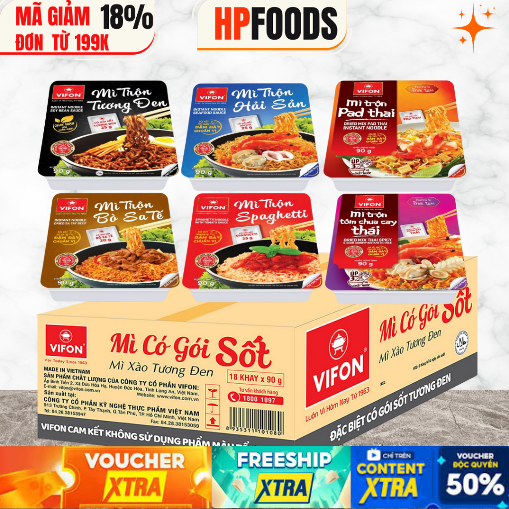  1 thùng 18 hộp mix 6 vị mì trộn ViFon các vị Tương Đen Hải Sản Bò Sa tế Sốt Spaghetti Pad Thái Tôm Chua Cay 