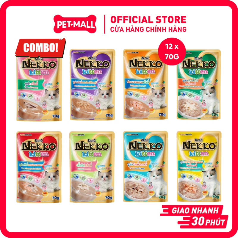 Hộp 12 Gói Pate Mèo Con Nekko Kitten 70g (Gravy & Creamy) Mix Vị - Petmall Chính Hãng