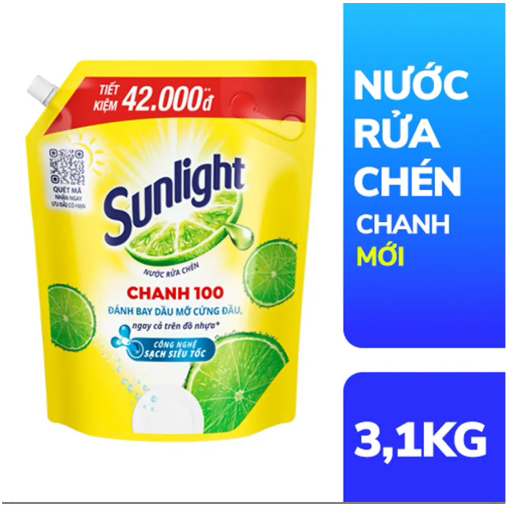 Nước rửa chén bát sunlight chanh 100 túi 3,1kg.
