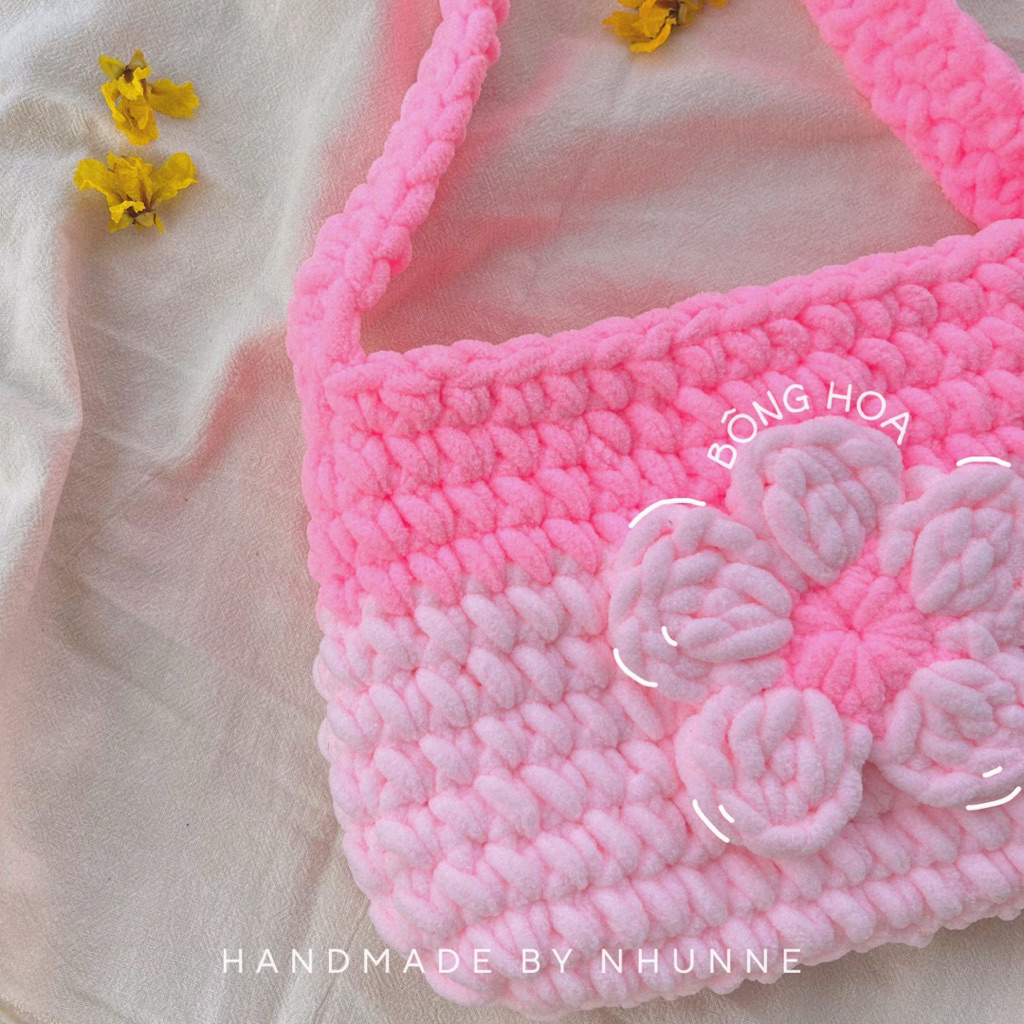 [Ảnh thật 100%] Túi Len Nhung Đũa Đính Hoa Yêu Màu Hồng Ghét Giả Dối