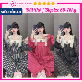 Đồ ngủ nữ bigsize 55-75kg, pijama dài tay cổ vuông đũi thô dày dặn 75DD23, đồ bộ nữ đồ mặc nhà tiểu thư caro sang chảnh