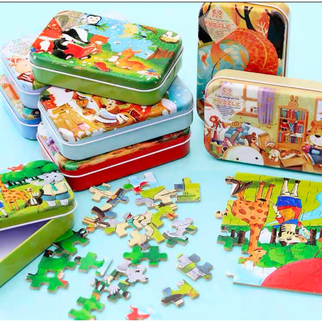 Bộ đồ chơi ghép tranh hộp đựng sắt - tranh ghép cho bé 60 mảnh có đánh số - HT kids