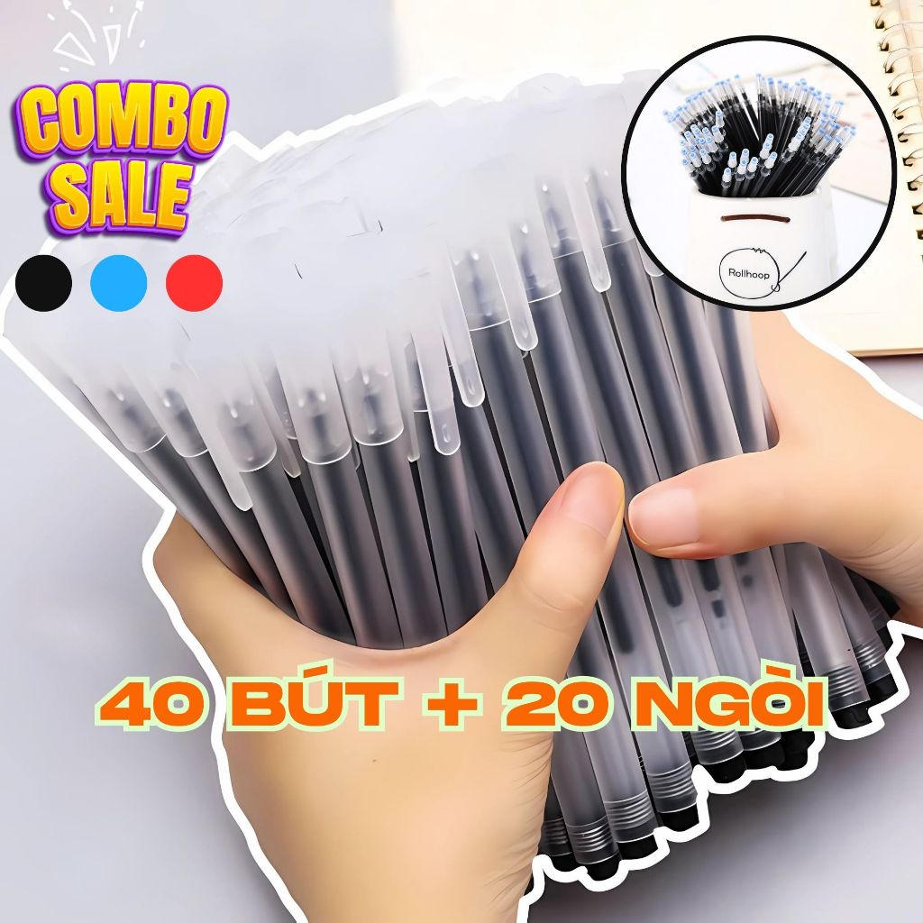   Tặng 20 ngòi  Combo 40 Bút gel nước khô nhanh ngòi bút 0.5mm màu xanh đen đỏ viết trơn - Sun Store 