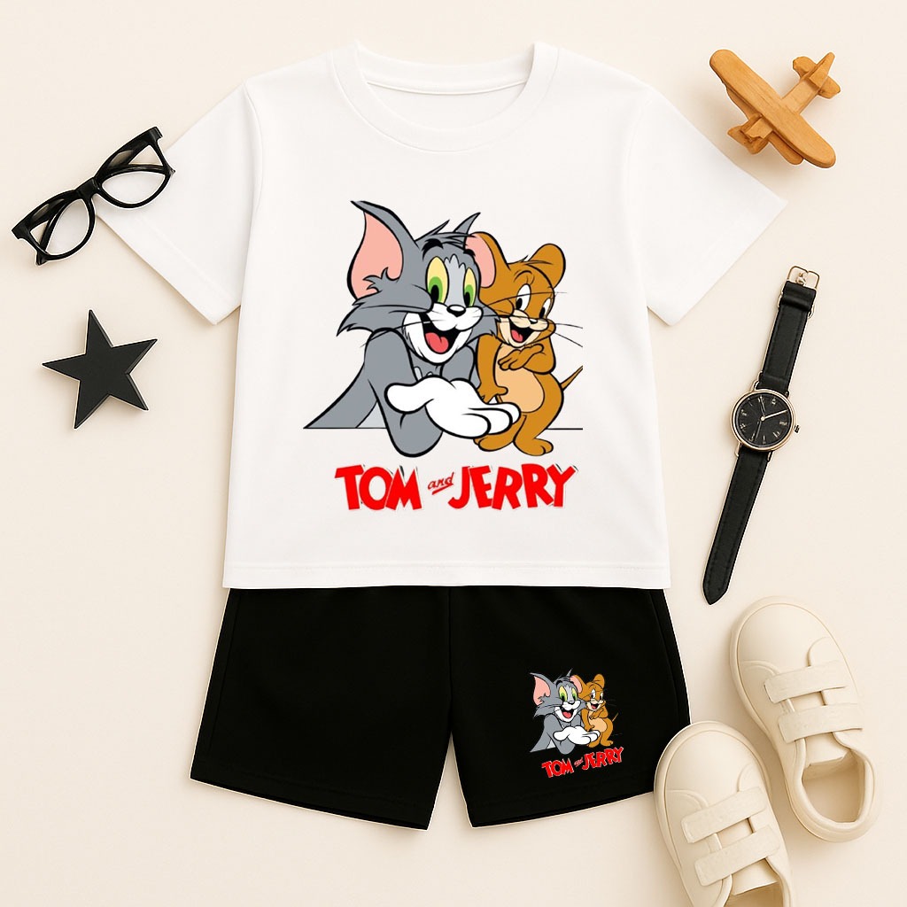 Bộ Cotton Trẻ Em Cho Bé Trai và Bé Gái TOM & JERRY, 4 Màu Áo, Vải Cotton 4 Chiều, Thun Lạnh, size 11