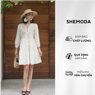 Váy Babydoll Nữ Dài Tay SHEMODA Blooming Dress Hoạ Tiết Thêu Hoa Dáng Trẻ Trung (Tặng Kèm Belt)