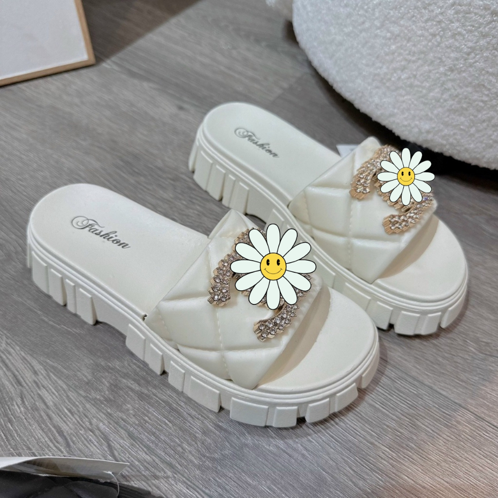 Dép nữ quai ngang Đính Đá Chữ CC, dép đế bánh mì nữ tăng chiều cao 4cm