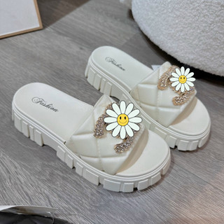  Dép nữ quai ngang Đính Đá Chữ CC dép đế bánh mì nữ tăng chiều cao 4cm 