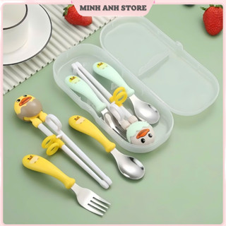  Bộ Thìa Dĩa Đũa Tập Ăn Bằng Inox 304 Đũa Ăn Dặm Xỏ Ngón Tập Gắp Thìa Tập Xúc Hình Gà Vịt Dễ Thương 