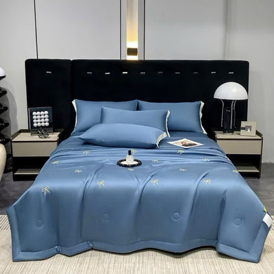 Bộ ga gối phi lụa thêu nơ phối mầu bodecor sét 4 món chăn trần đắp hè ga bo chun đủ size mềm mịn