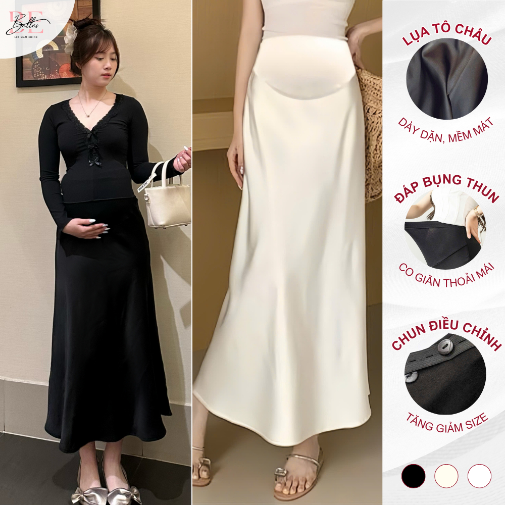 Chân Váy Lụa Bầu Dáng Dài Đuôi Cá Belles Lụa Tô Châu Cao Cấp Dày Mát Có Đáp Bụng Chun Điều Chỉnh Bigsize CV24