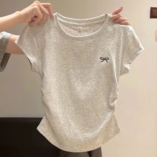 Áo thun nữ babytee ôm body chất thun tăm co giãn ,áo phông croptop nhún eo thêu nơ màu xám cực tôn dáng dễ mix đồ
