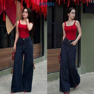 MYUN - Quần Jean Loe nữ túi kiểu ống rộng 34cm, hack dáng cạp cao, quần bò ống loe màu xanh đen, vải cotton JL0002
