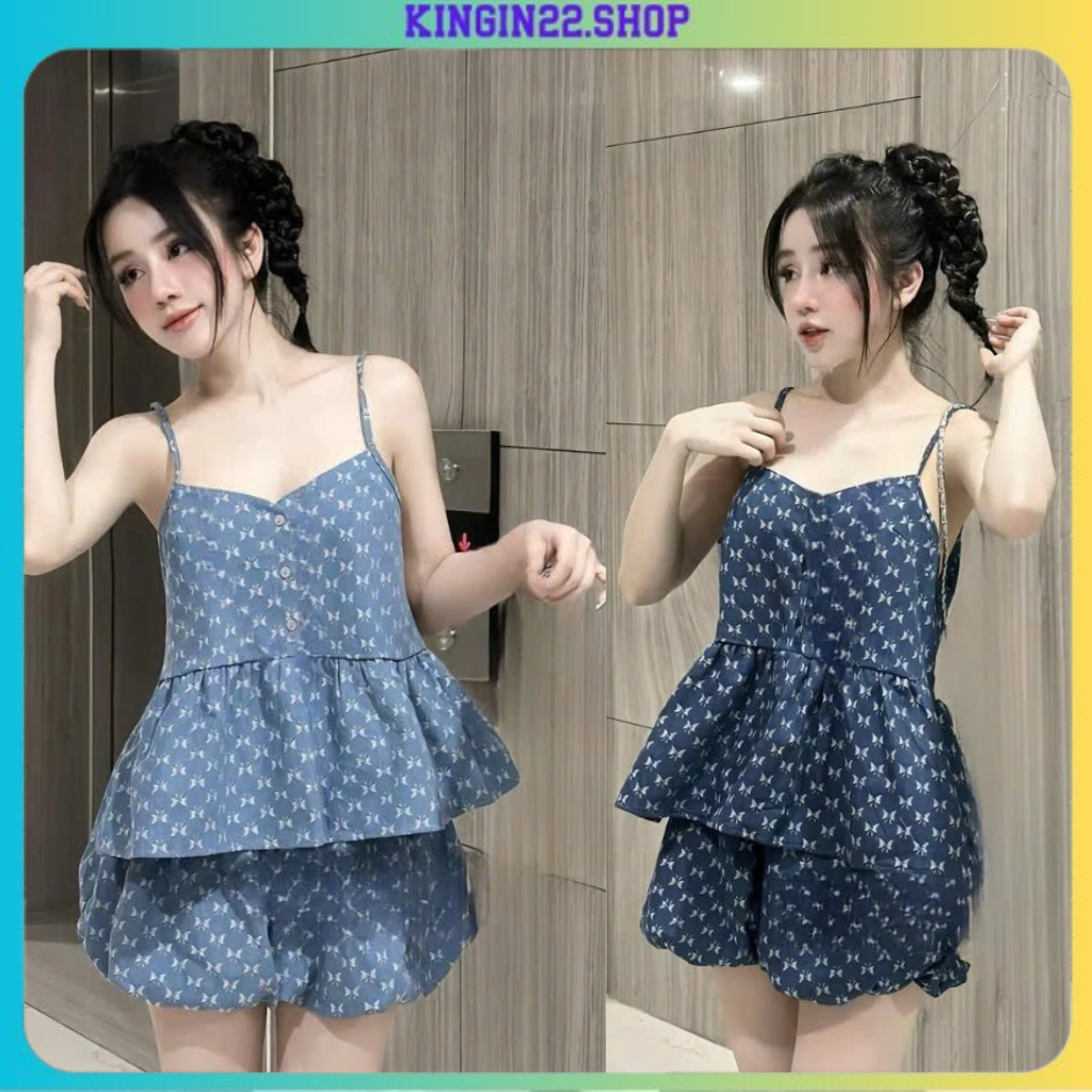 Set Đồ Nữ Áo 2 Dây Xòe In Hình Dệt Kim Mix Với Quần Short Boom Dễ Thương Kingin22 K255