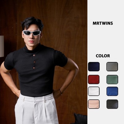 Áo Thun Nam Tay Ngắn Cổ Lọ Phối Ba Nút Form Body Cotton Tăm Gân Thương Hiệu Mr Twins Nam Menswear