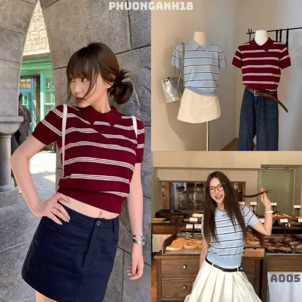 Áo polo cộc tay kẻ ngang A005