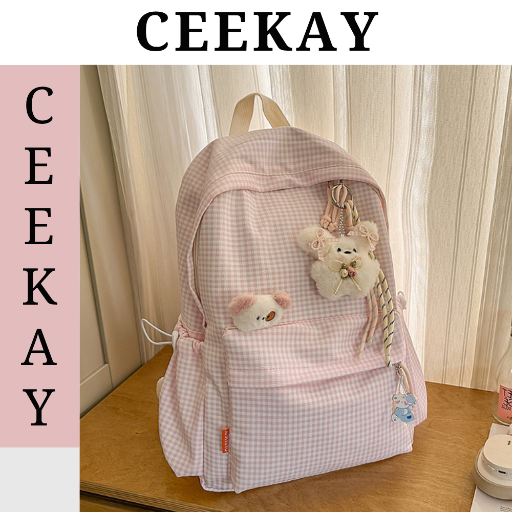 (Sẵn hỏa tốc) Balo Nữ Đi Học Ceekay, Balo Vải Caro Kèm Charm Phối Họa Tiết Kiểu Dáng Đáng Yêu Năng Đ